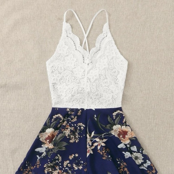 SHEIN Pants - SHEIN Lace Panel Floral Print Knot Back Cami Romper